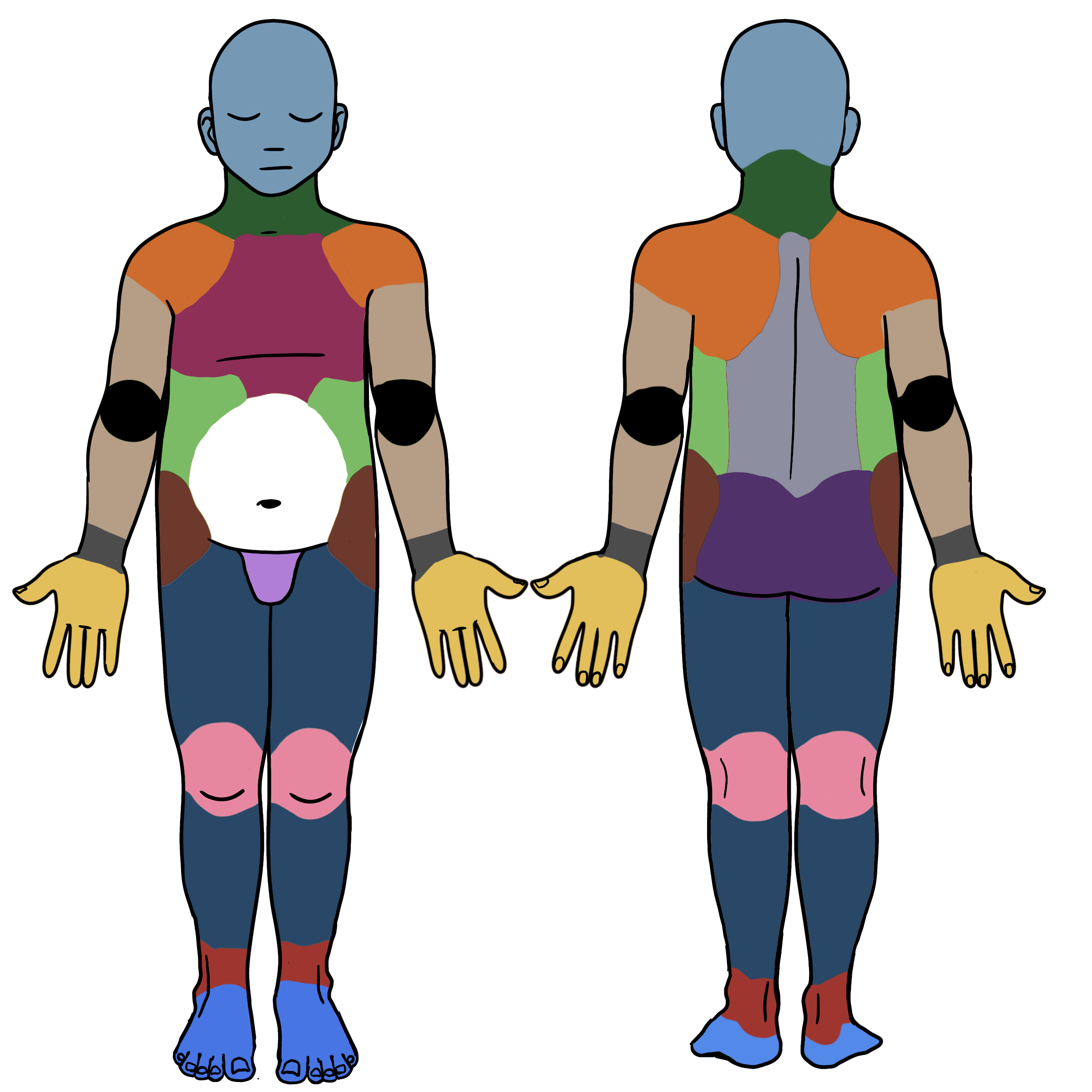 Front and back outlines of a medium sized body, eyes closed, no hair, chest indicated by a line, ambiguous genital anatomy. Colors are: light blue head, orange shoulders, dark green neck, magenta chest, light brown arms, black elbows, light green sides, white belly, brown hips, light purple genitals, dark purple butt, dark blue legs, pink knees, red ankles, yellow hands, gray wrists, and bright blue feet.